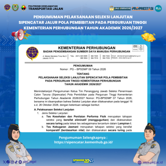 Pengumuman Pelaksanaan Seleksi Lanjutan SIPENCATAR Pola Pembibitan Kemenhub Tahun 2026